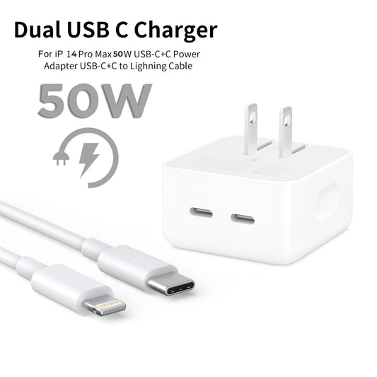 Double chargeur, adaptateur Apple 50W, Dual USB-C, pour iPhone
